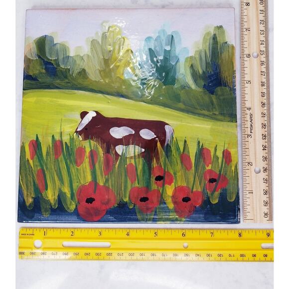 Vietri Pottery Cotto Petrus Bicottura Piana Handpainted Italian Tile/Trivet Cow - Picture 4 of 5